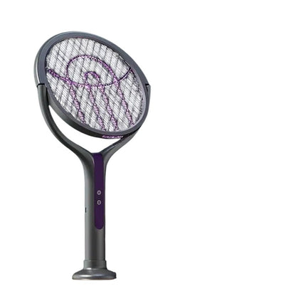 Essential Selects rechargeable electric mosquito swatter with purple light trap, rotating mesh, and charging base.