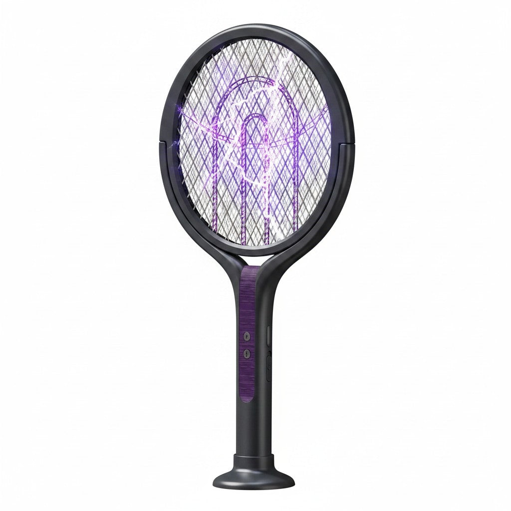 Essential Selects rechargeable electric mosquito swatter with purple UV light mesh and black ergonomic handle