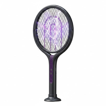 Essential Selects rechargeable electric mosquito swatter with purple UV light mesh and black ergonomic handle