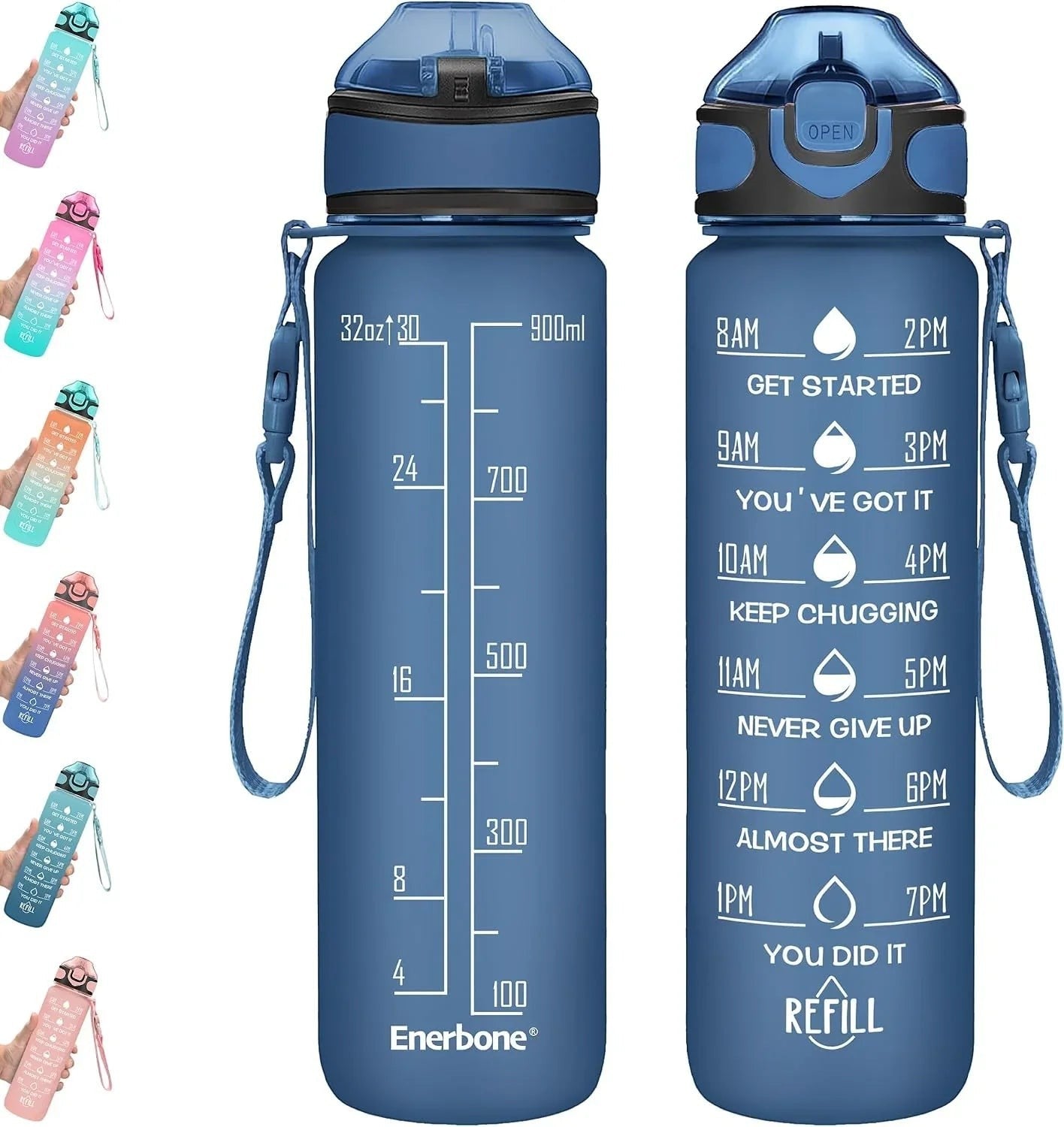 Essential Selects Enerbone 32oz blue motivational water bottle with time markers, straw, and leak-proof flip-top lid.
