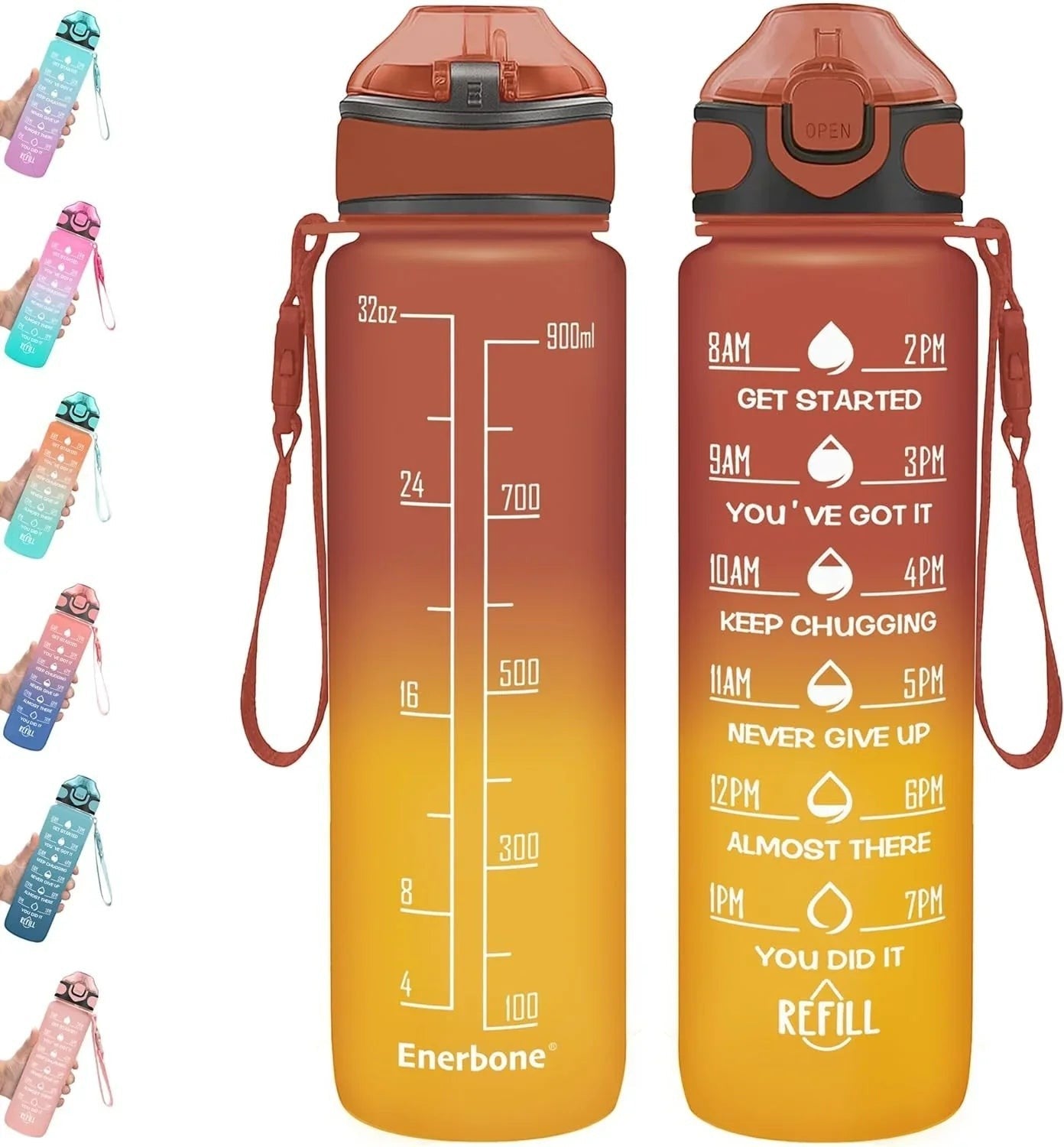 Essential Selects Enerbone 32oz motivational water bottle with time markers, leak-proof lid, and orange-yellow gradient