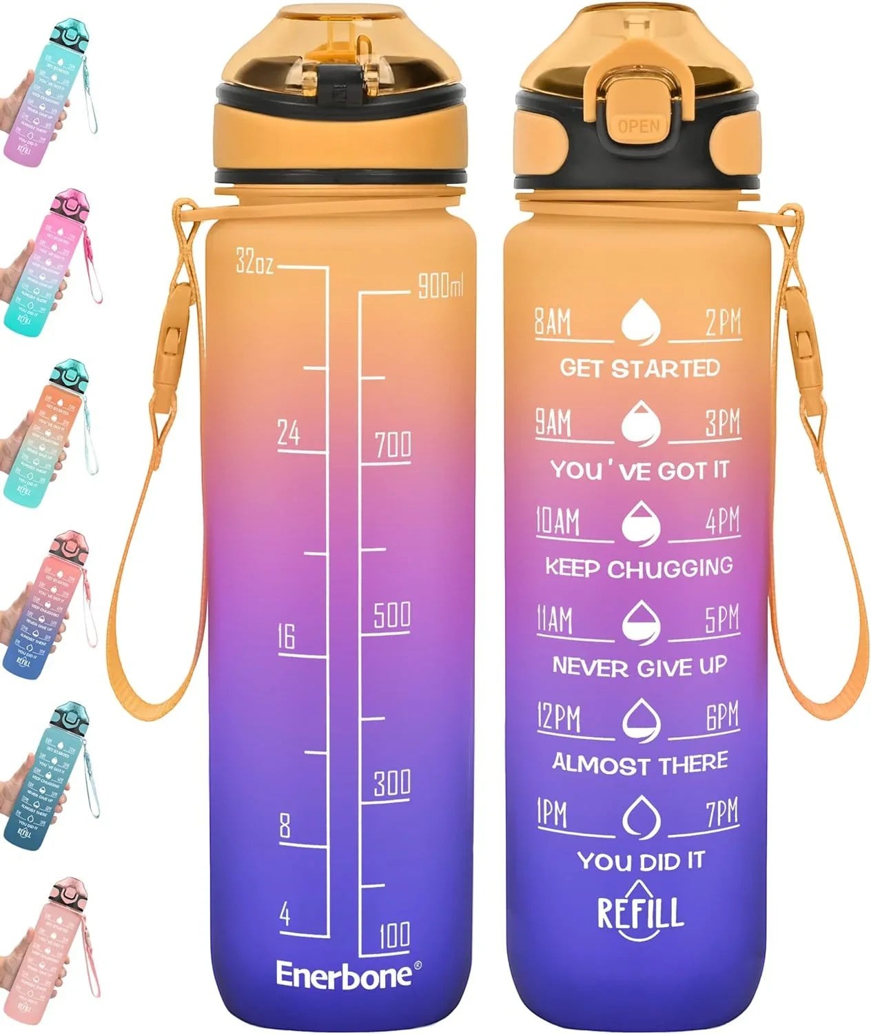 Essential Selects Enerbone 32oz motivational water bottle with frosted green and purple gradient and time markers.