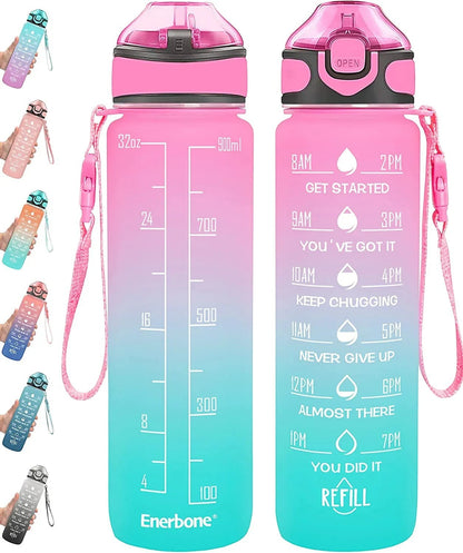 Essential Selects Enerbone 32oz motivational water bottle with green-purple gradient, time markers, and straw.