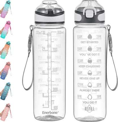 Essential Selects Enerbone 32oz motivational water bottle with time markers, leak-proof lid, and carrying strap.