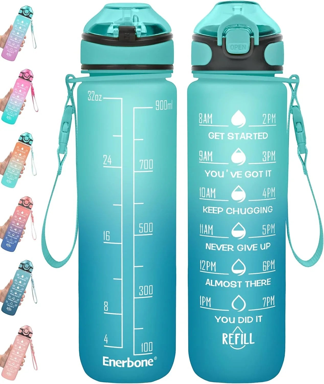Essential Selects Enerbone 32oz motivational water bottle with green-purple gradient, time markers, and carry strap.