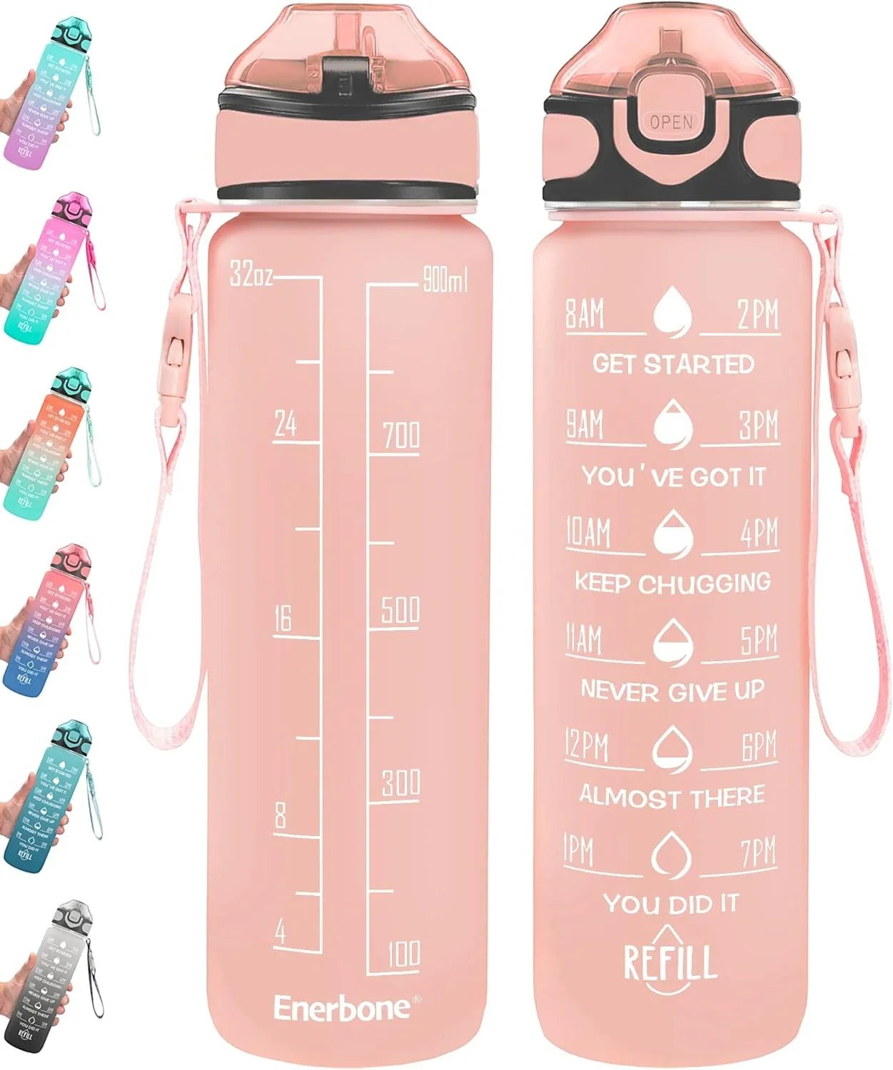 Essential Selects Enerbone 32oz motivational water bottle with time markers, leak-proof lid, and carry strap in pink.