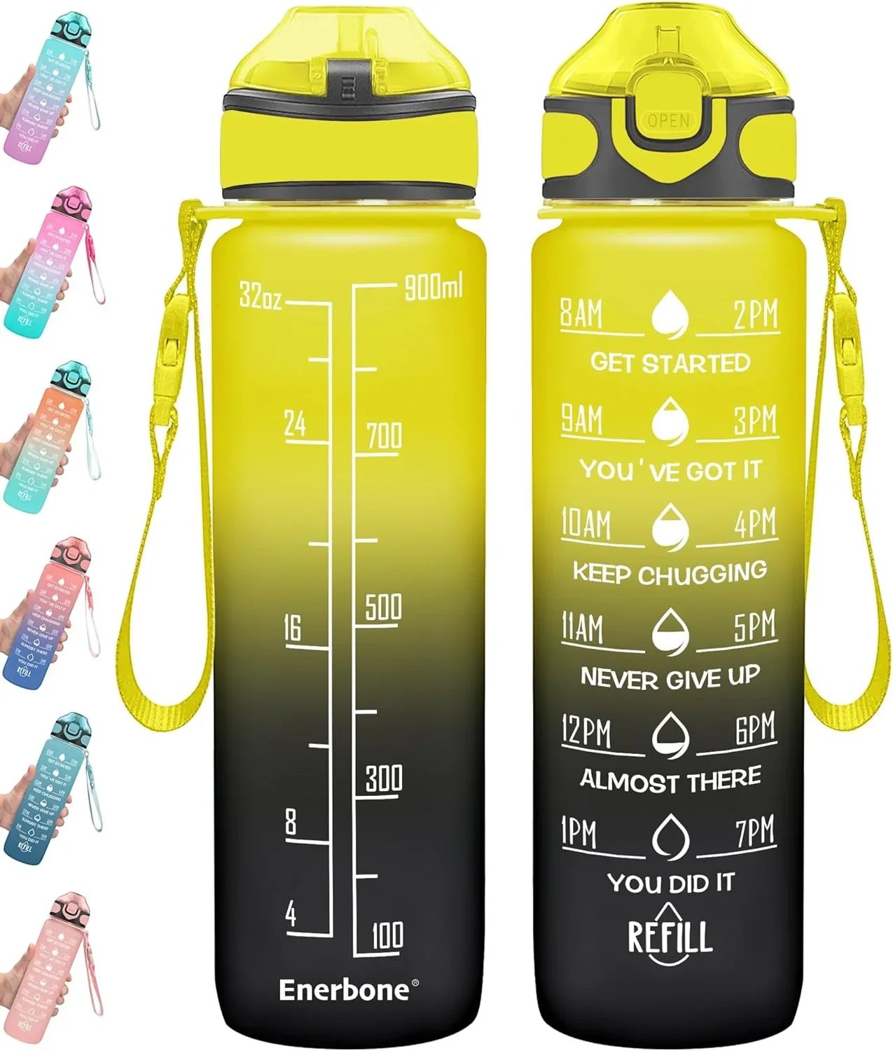 Essential Selects Enerbone 32oz frosted green and black motivational water bottle with time markers and carry strap.