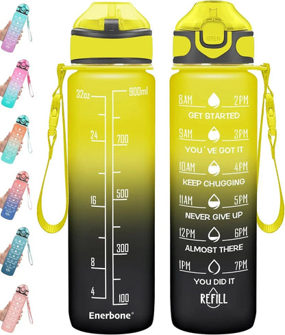 Essential Selects Enerbone 32oz frosted green and black motivational water bottle with time markers and carry strap.