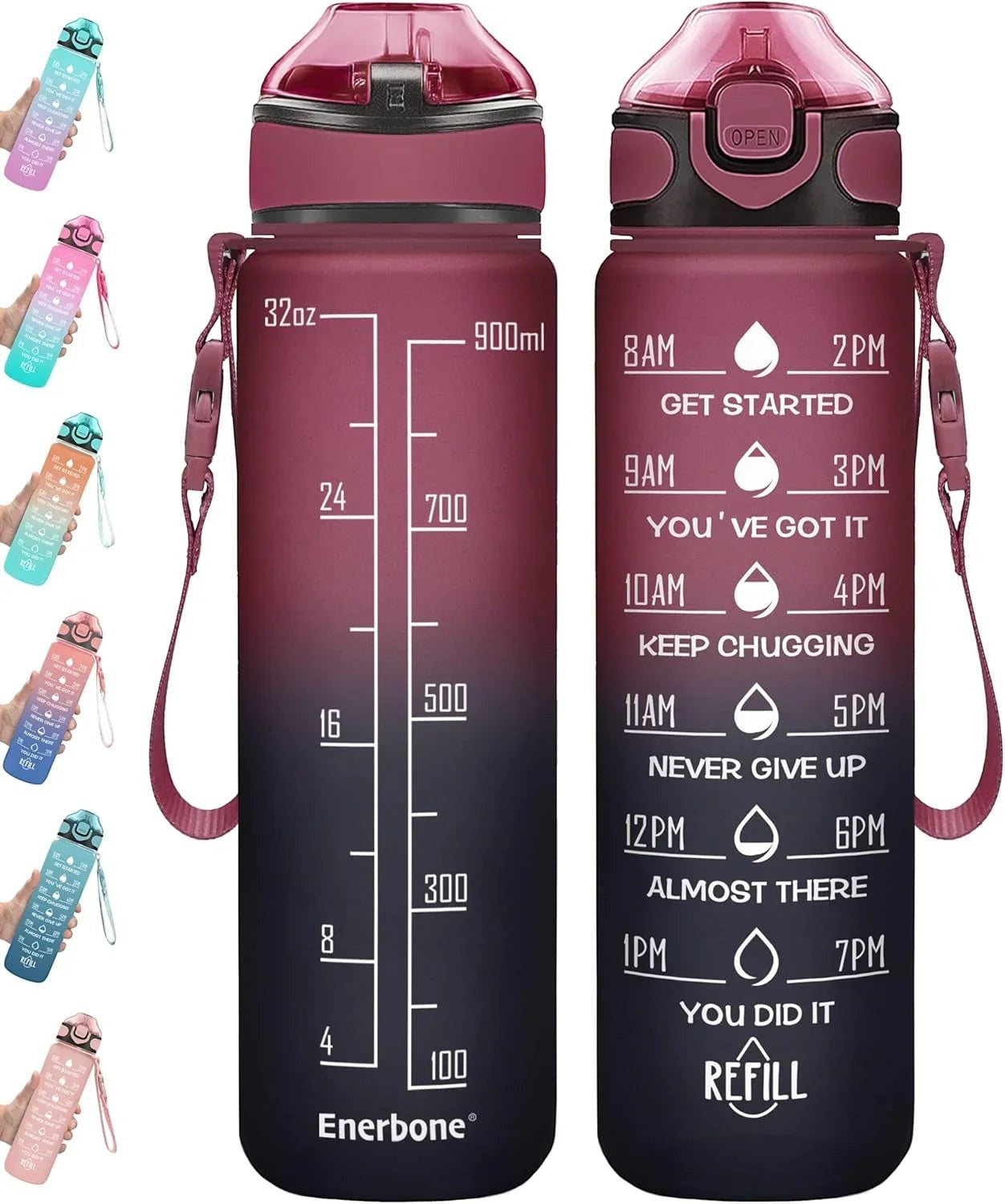 Essential Selects Enerbone 32oz motivational water bottle in green-purple gradient with time markers and carry strap.