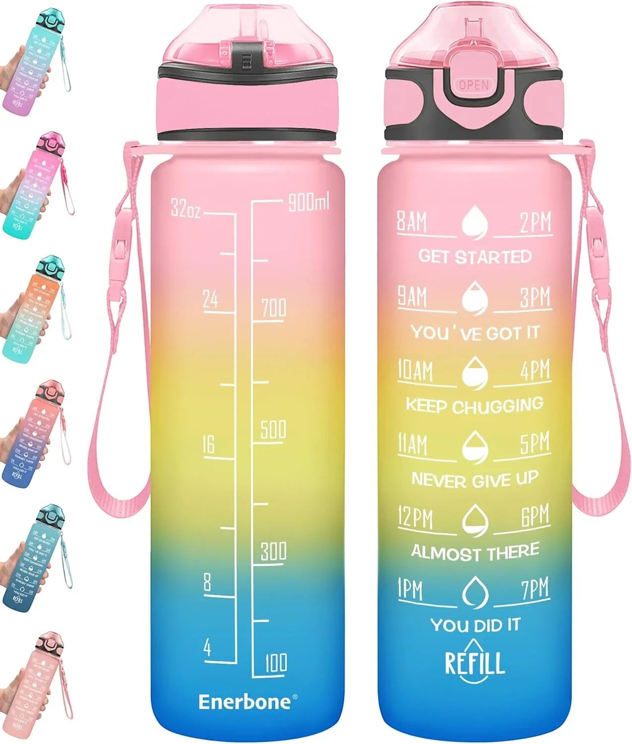 Essential Selects Enerbone 32oz motivational water bottle with a frosted pink, yellow, and blue gradient finish.