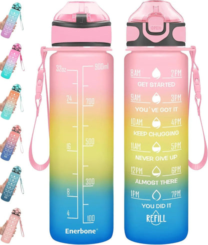 Essential Selects Enerbone 32oz motivational water bottle with a frosted pink, yellow, and blue gradient finish.