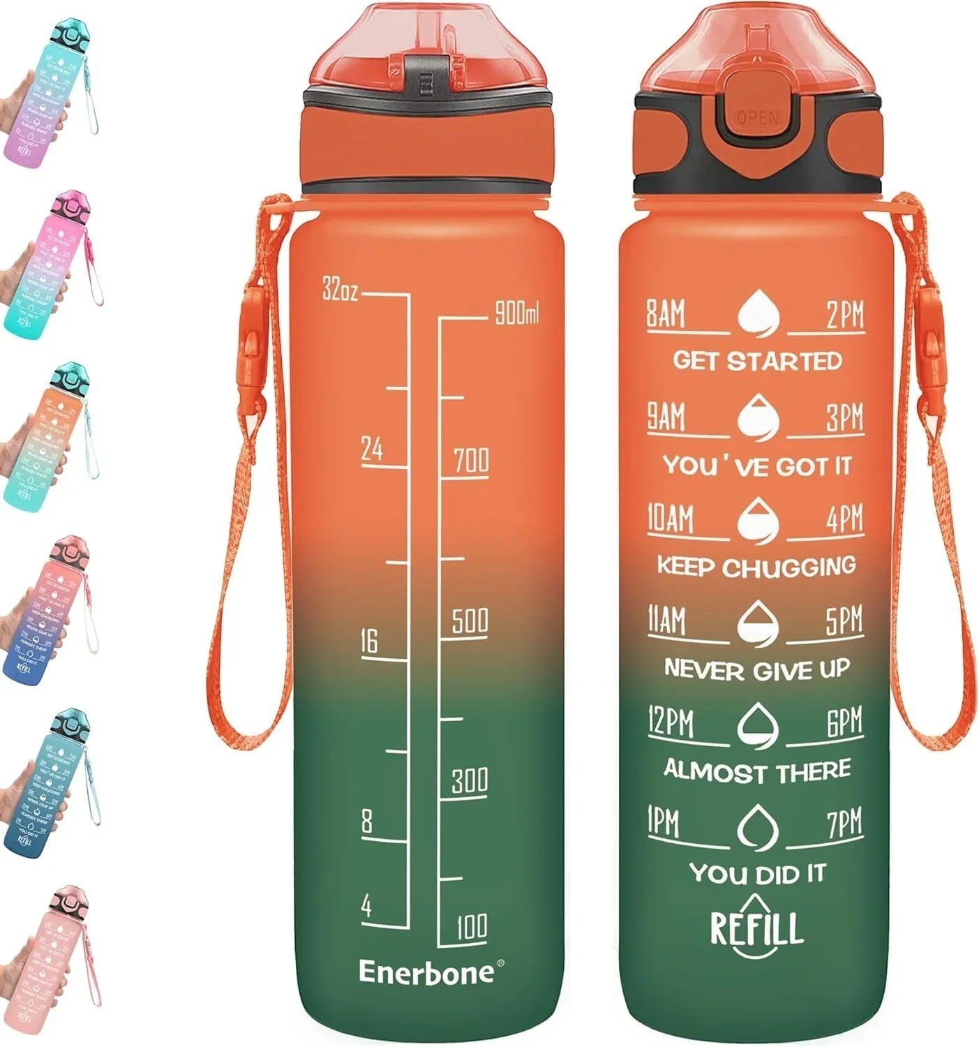 Essential Selects Enerbone 32oz frosted motivational water bottle with time markers, straw, and leak-proof orange lid.