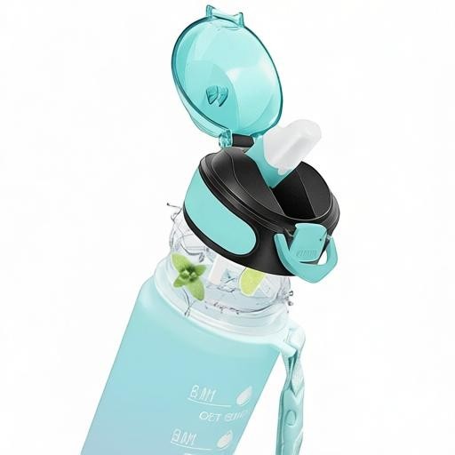 Essential Selects Enerbone 32oz frosted green-purple water bottle with time markers, straw, and flip-top lid.
