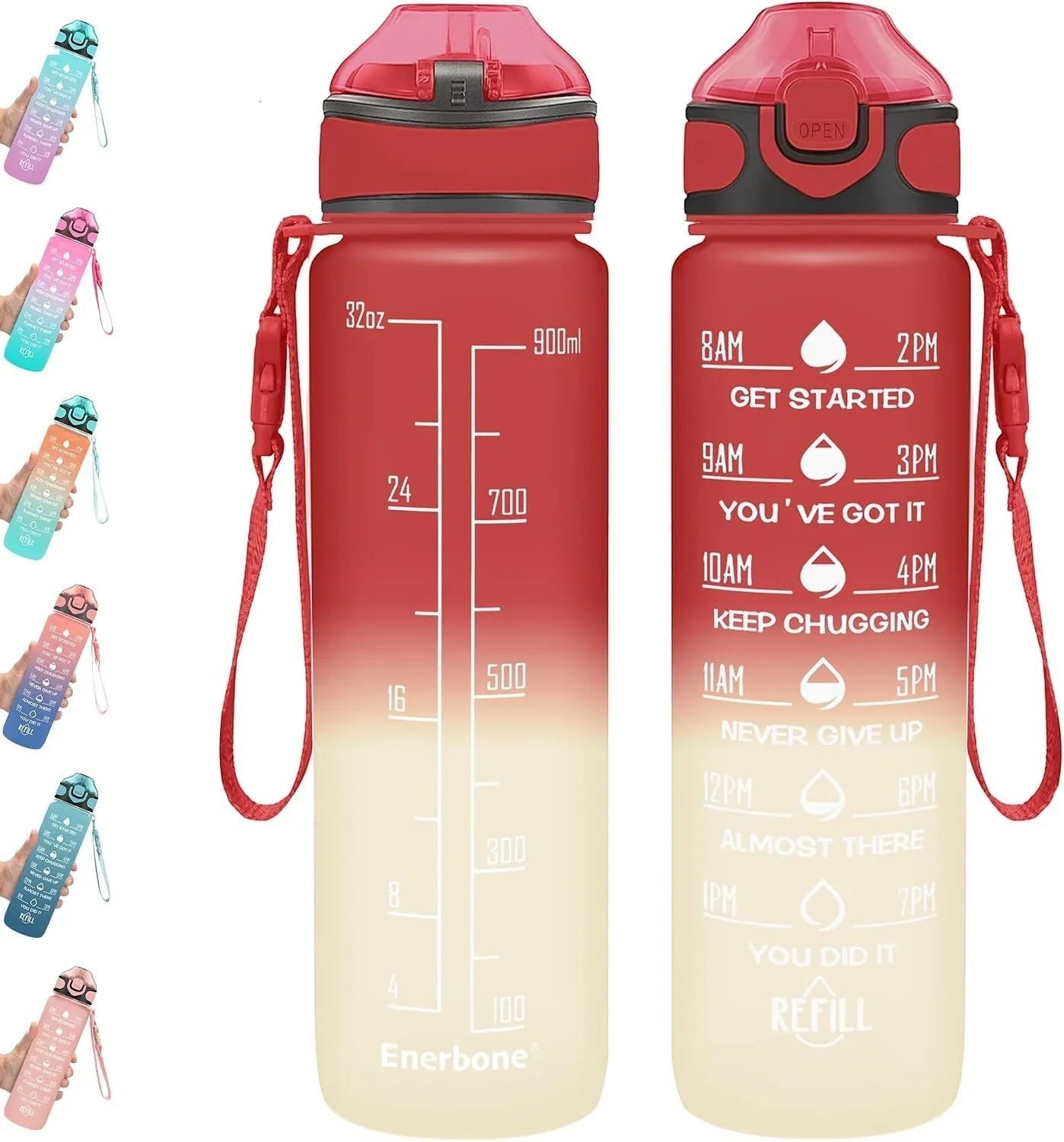 Essential Selects Enerbone 32oz motivational water bottle with red to cream gradient, time markers, and carry strap.