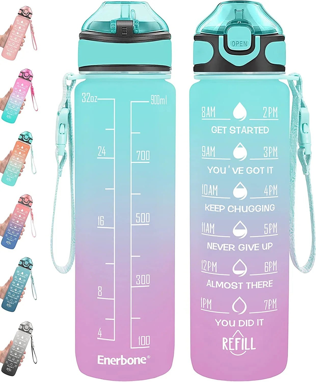 Essential Selects Enerbone 32oz motivational water bottle in green-purple gradient with time markers and carry strap.