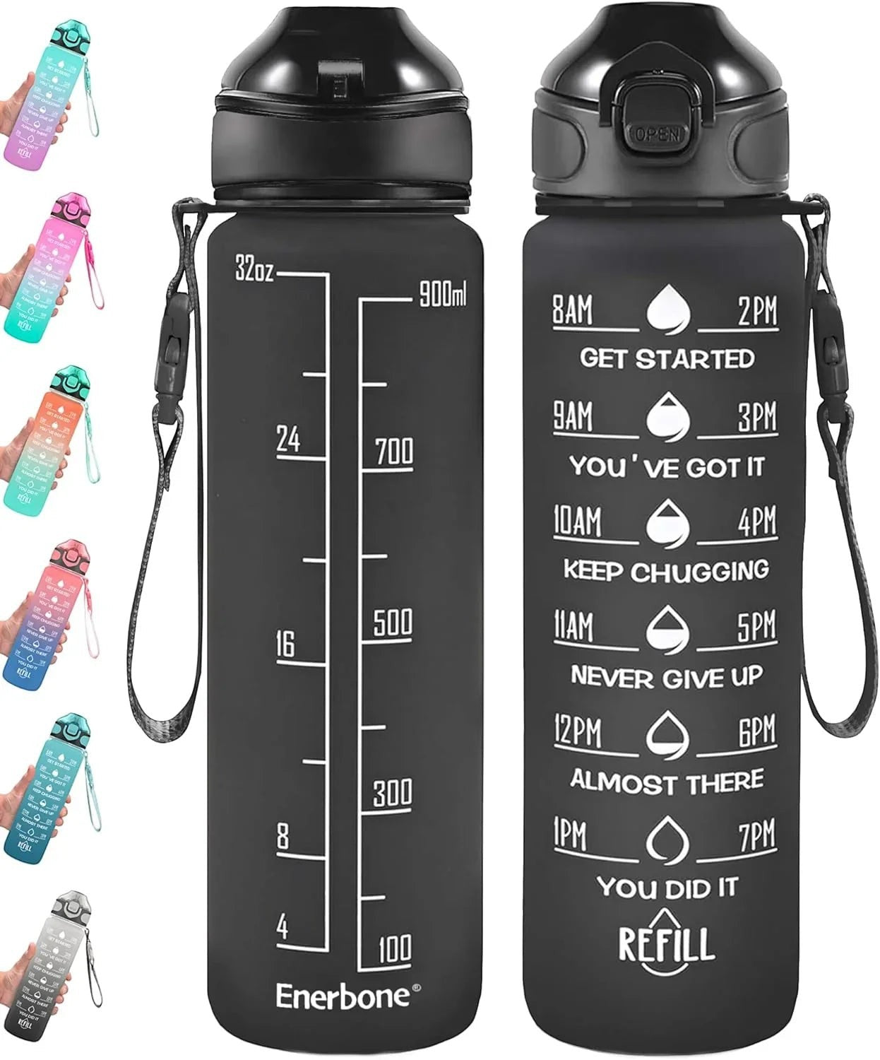 Essential Selects Enerbone 32oz motivational water bottle with time markers, leak-proof lid, and carry strap.