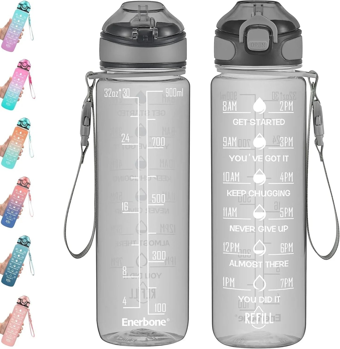 Essential Selects Enerbone 32oz frosted motivational water bottle with time markers, straw, and leak-proof flip lid.