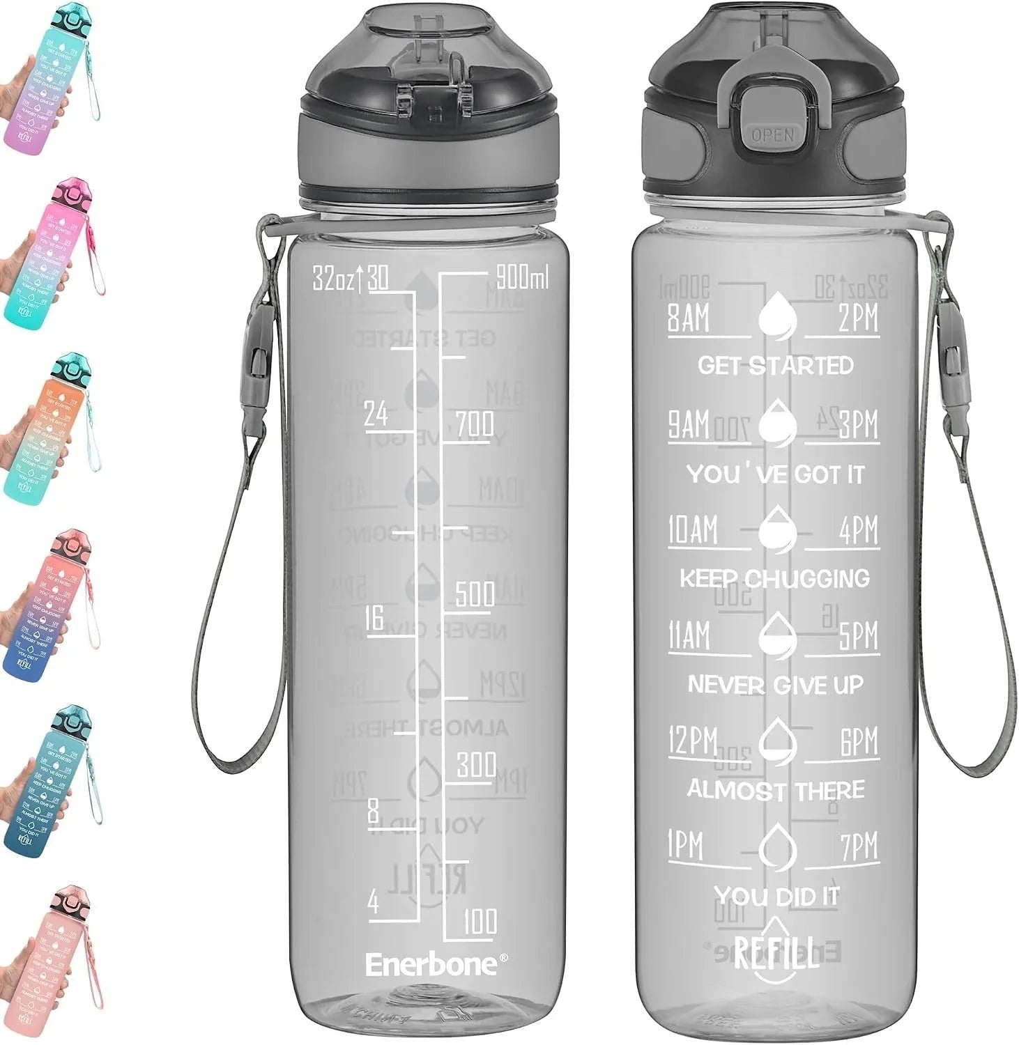 Essential Selects Enerbone 32oz frosted motivational water bottle with time markers, straw, and leak-proof flip lid.
