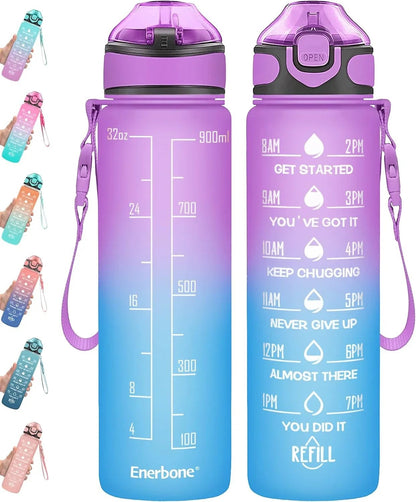 Essential Selects Enerbone 32oz motivational water bottle in a frosted green-purple gradient with time markers.