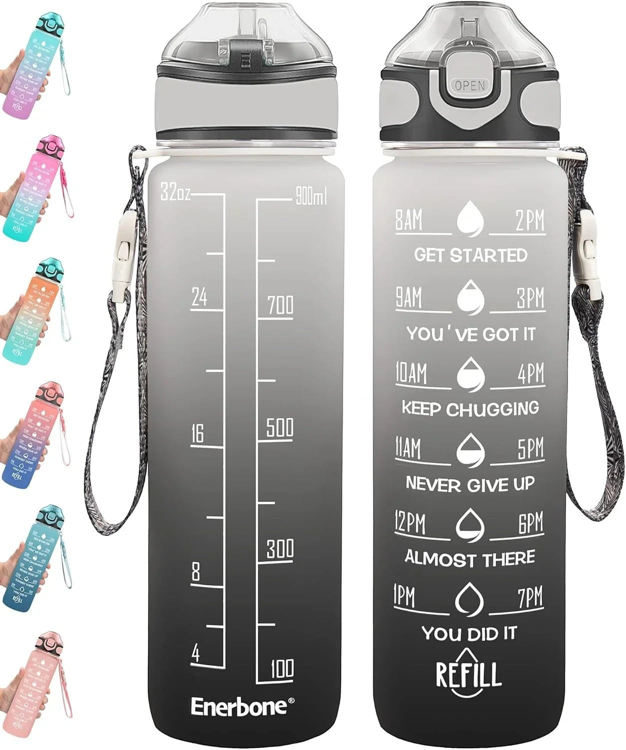 Essential Selects Enerbone 32oz motivational water bottle with time markers, straw, and leak-proof flip-top lid.