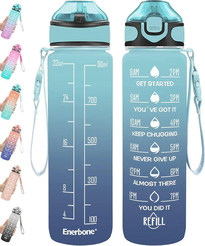 Essential Selects Enerbone 32oz frosted green-purple motivational water bottle with time markers and carry strap.