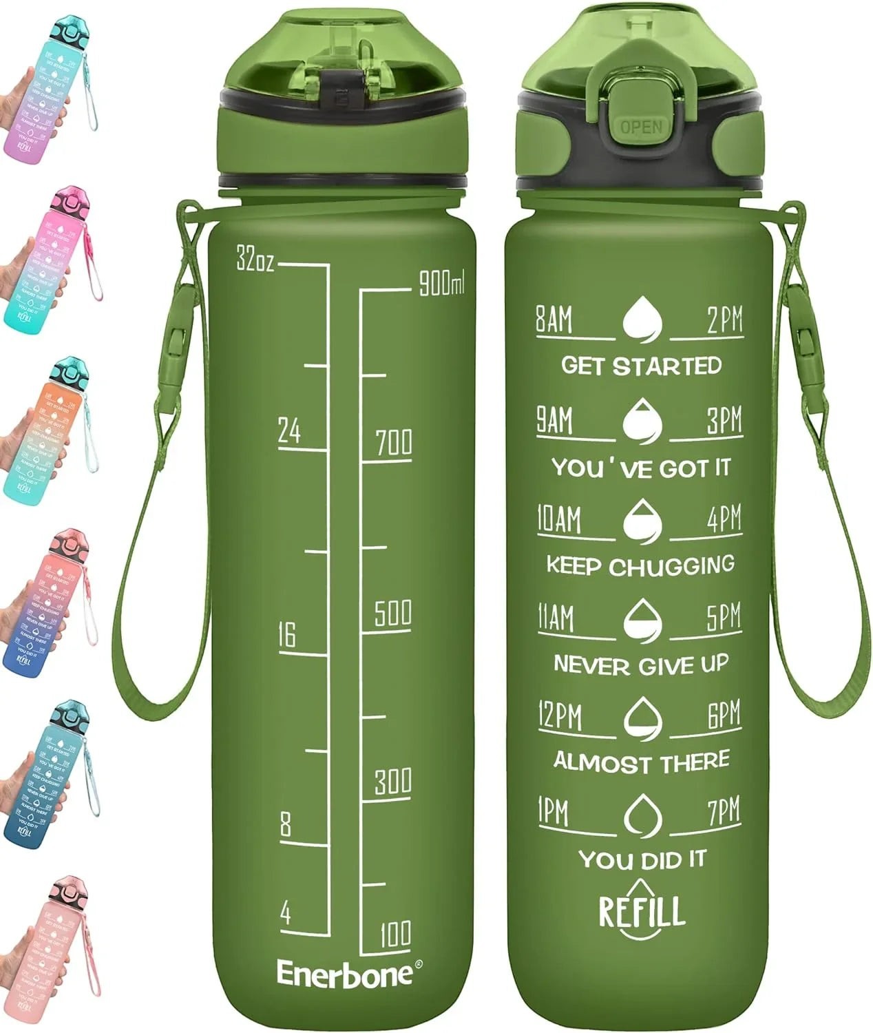 Essential Selects Enerbone 32oz green motivational water bottle with time markers, straw, and leak-proof flip-top lid.