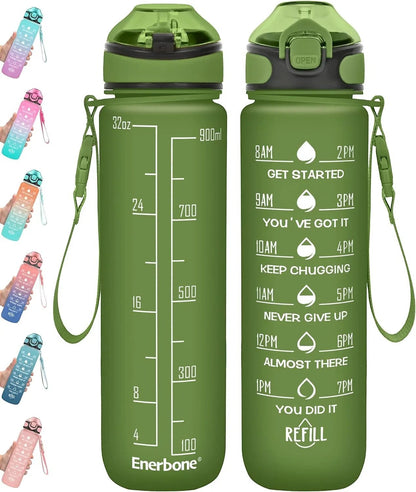 Essential Selects Enerbone 32oz green motivational water bottle with time markers, straw, and leak-proof flip-top lid.
