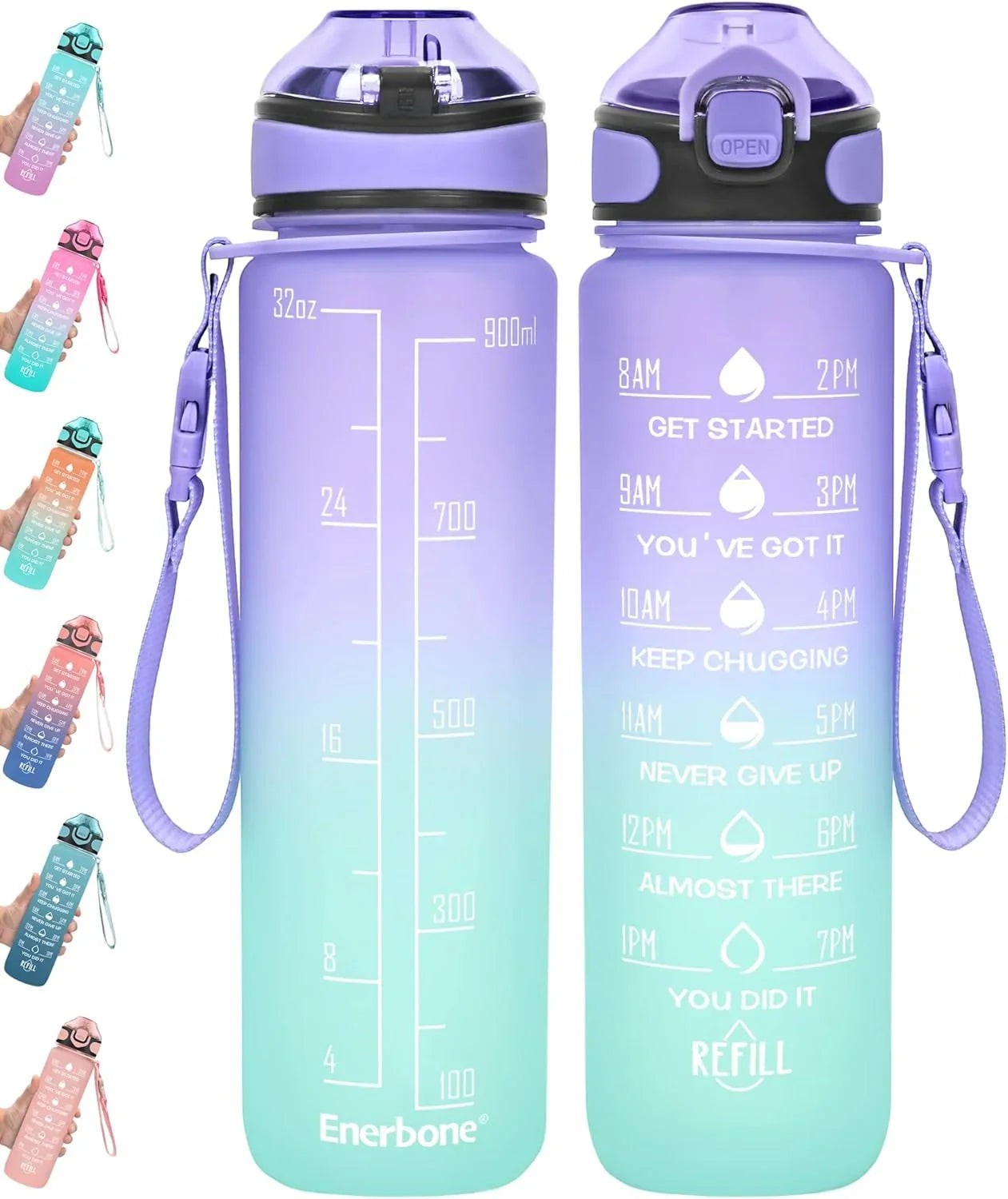 Essential Selects Enerbone 32oz motivational water bottle in green and purple gradient with time markers and strap.