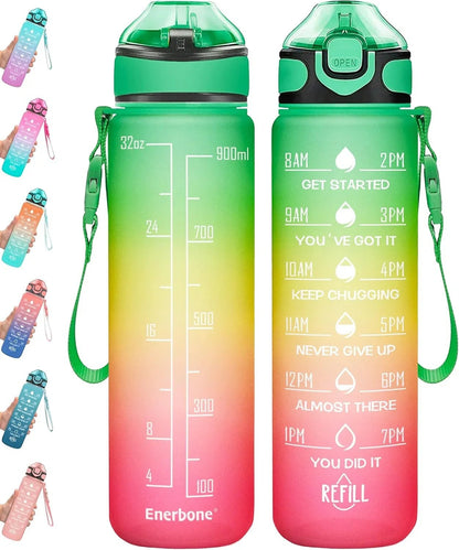 Essential Selects Enerbone 32oz motivational water bottle in a green-purple frosted gradient with time markers.