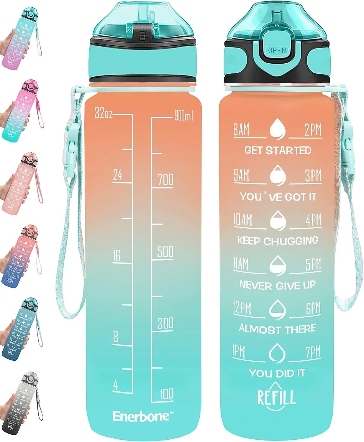 Essential Selects Enerbone 32oz motivational water bottle with green and purple gradient, time markers, and straw.