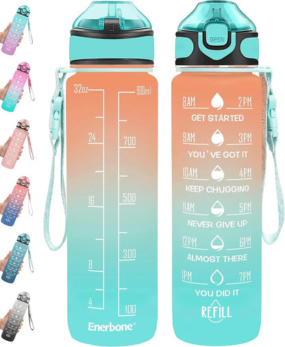 Essential Selects Enerbone 32oz motivational water bottle with green and purple gradient, time markers, and straw.
