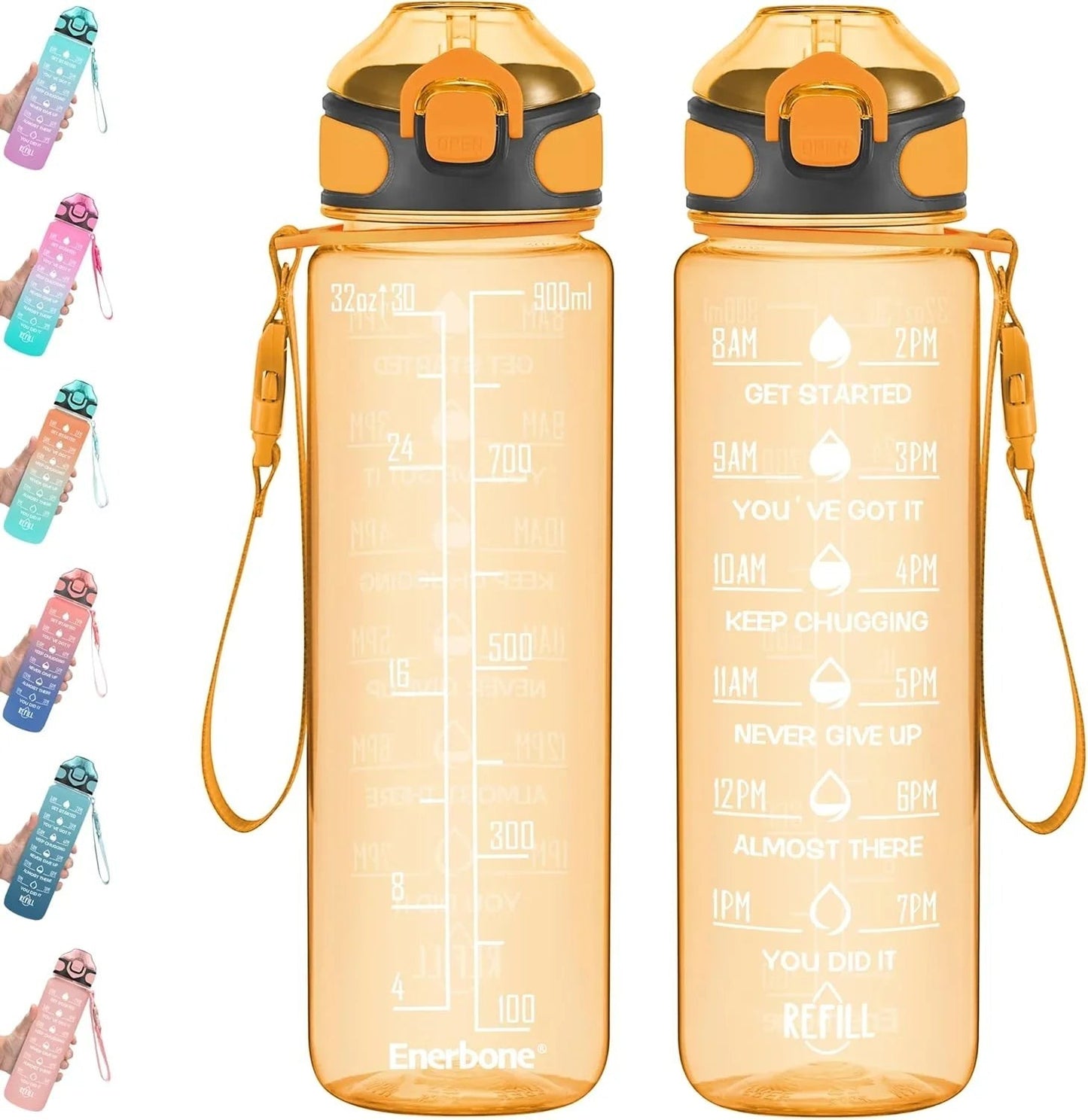 Essential Selects Enerbone 32oz frosted motivational water bottle with time markers, straw, and flip-top lid in orange.