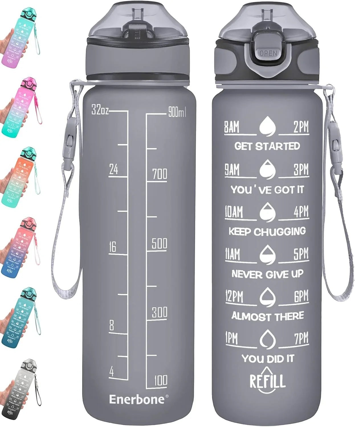 Essential Selects Enerbone 32oz frosted motivational water bottle with time markers, straw, and carry strap in grey.