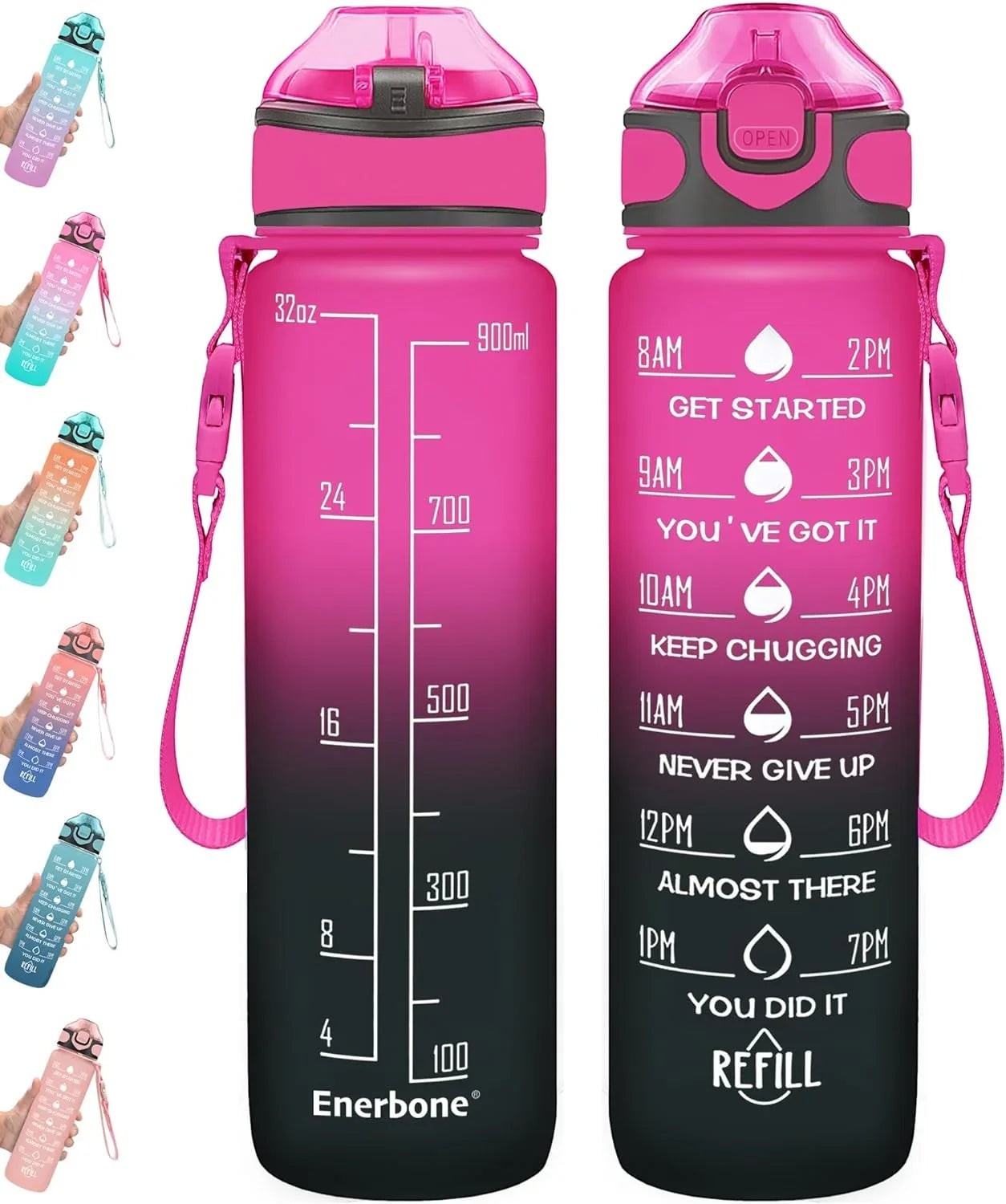 Essential Selects Enerbone 32oz frosted motivational water bottle in pink and black with time markers and carry strap.