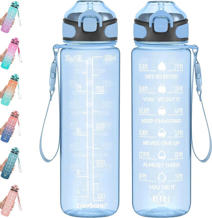 Essential Selects Enerbone 32oz motivational water bottle with time markers, straw, and leak-proof flip-top lid.