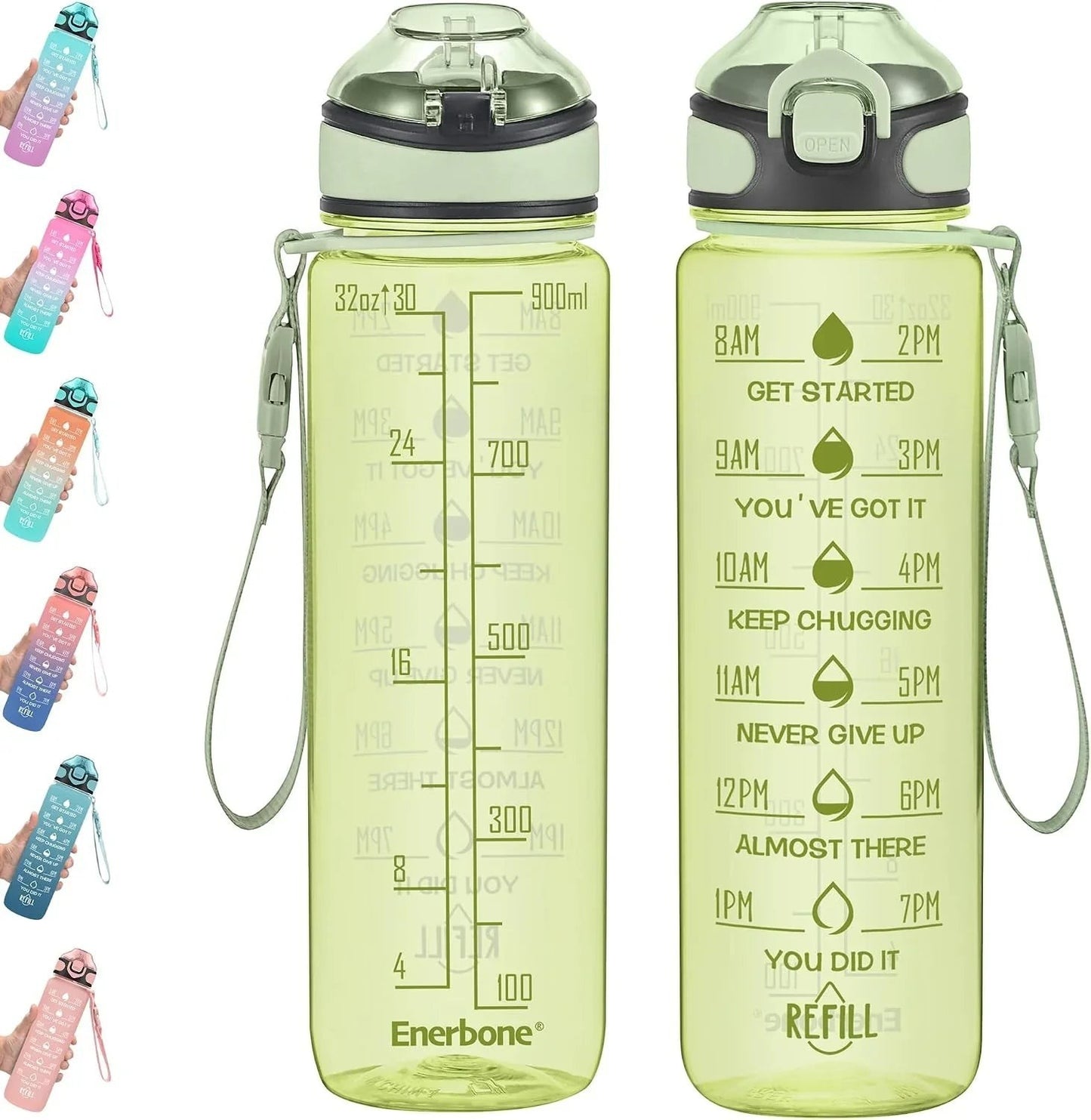 Essential Selects Enerbone 32oz frosted green-purple motivational water bottle with time markers and carry strap.