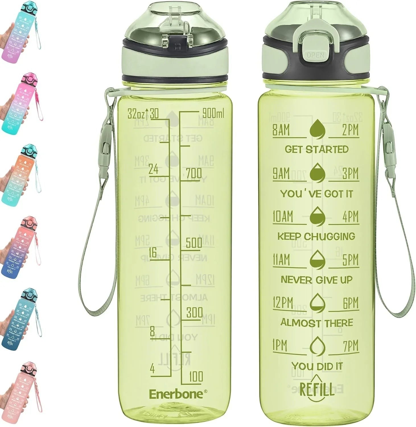 Essential Selects Enerbone 32oz frosted green-purple motivational water bottle with time markers and carry strap.