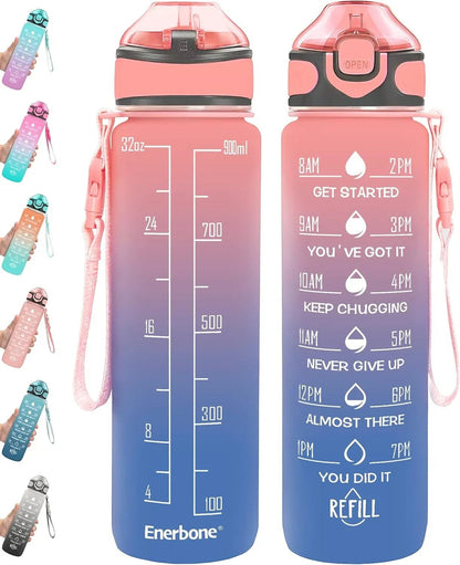 Essential Selects Enerbone 32oz motivational water bottle in green-purple frosted finish with time markers and straw.