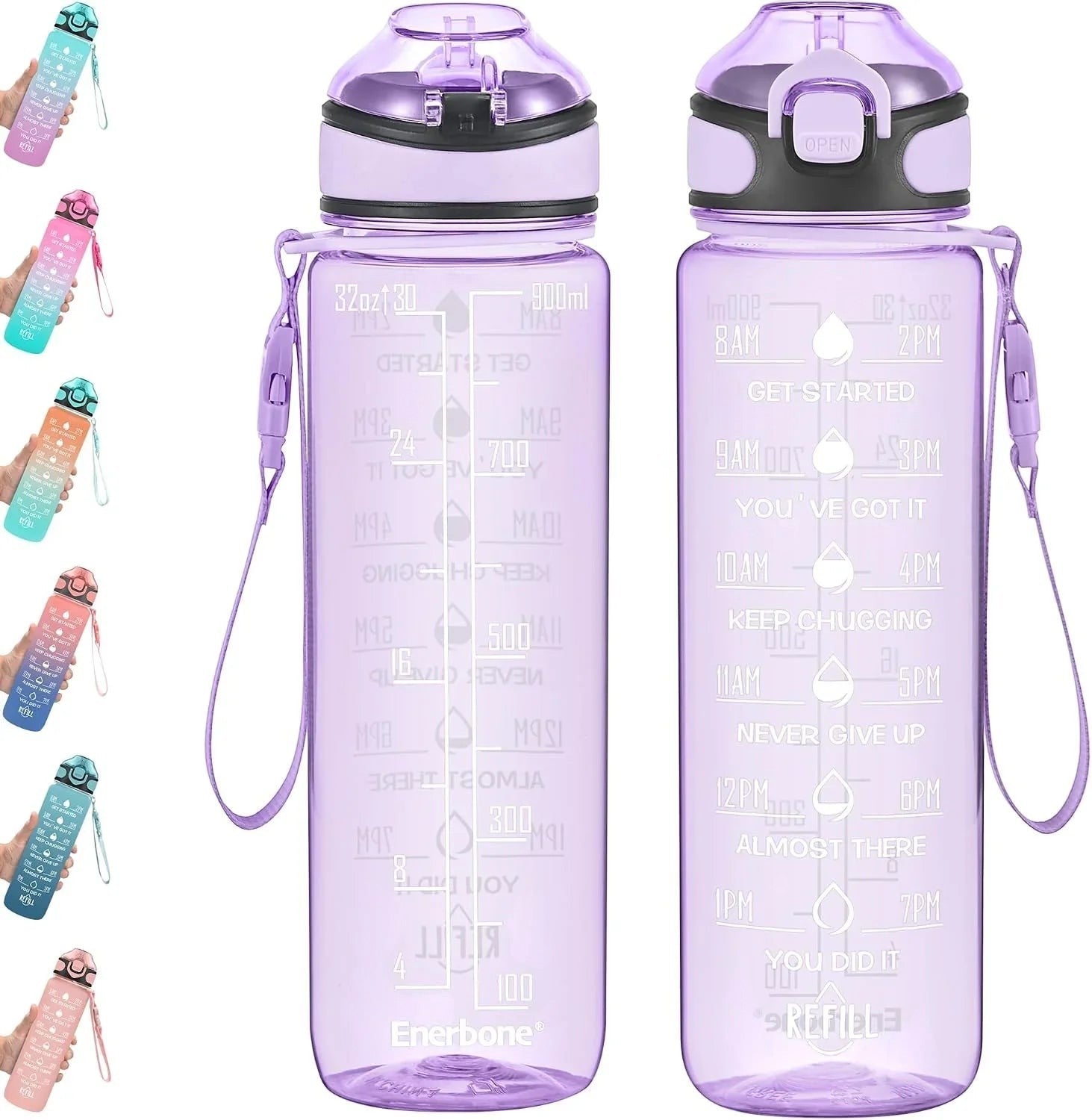 Essential Selects Enerbone 32oz frosted purple motivational water bottle with time markers, straw, and carry strap.