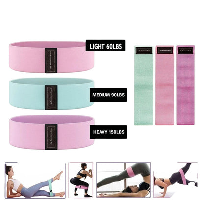 Essential Selects 18-piece yoga pilates set featuring pink and teal fabric resistance bands with size chart