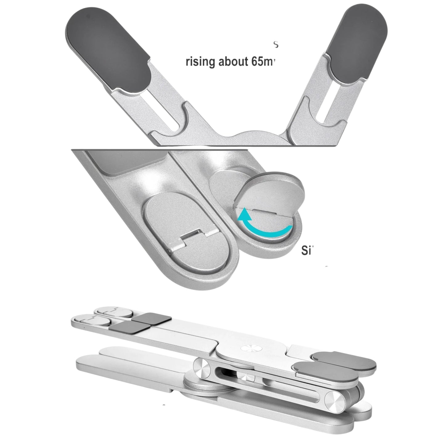 Essential Selects foldable aluminum laptop stand in silver with 360-degree rotating base and silicone grip pads