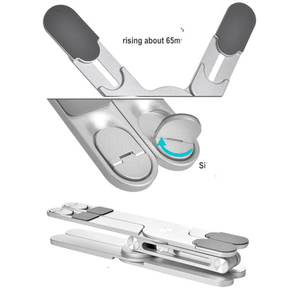 Essential Selects foldable aluminum laptop stand in silver with 360-degree rotating base and silicone grip pads