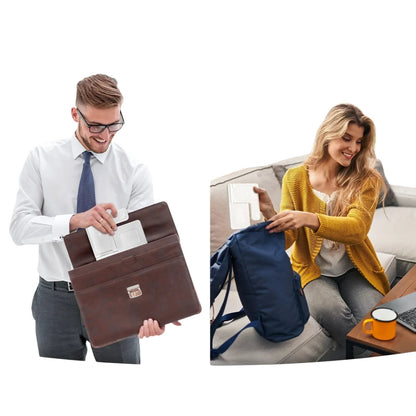 Essential Selects 3-in-1 foldable magnetic wireless charger being packed by a businessman and a woman for travel.