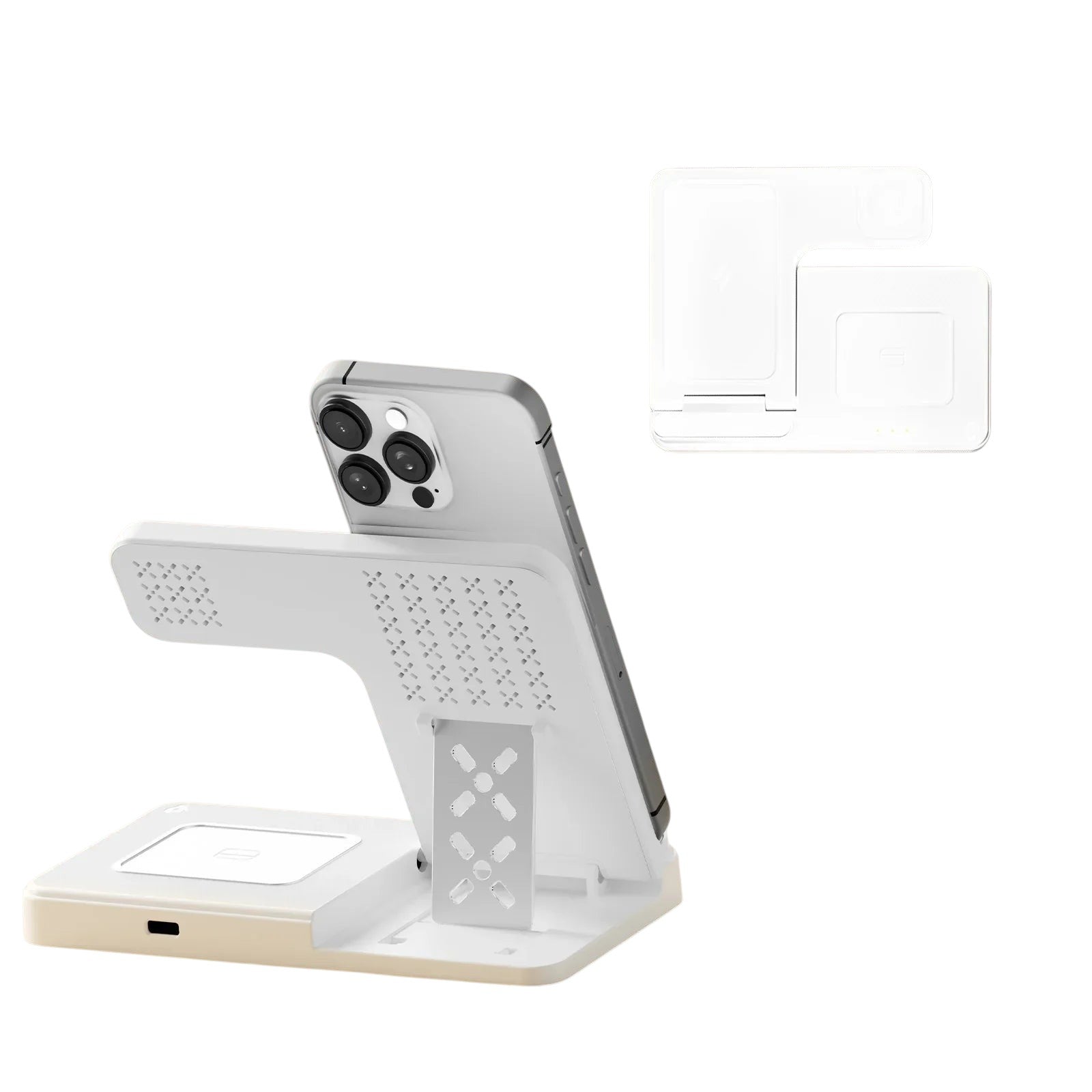 Essential Selects white 3-in-1 foldable magnetic wireless charger stand for iPhone, Apple Watch, and AirPods.