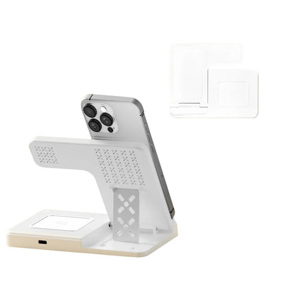 Essential Selects white 3-in-1 foldable magnetic wireless charger stand for iPhone, Apple Watch, and AirPods.