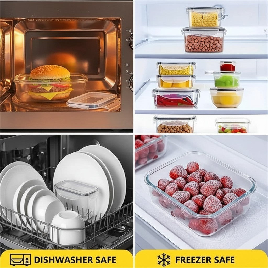 Essential Selects 48-piece food storage container set featuring leak-proof locking lids in microwave and freezer use.