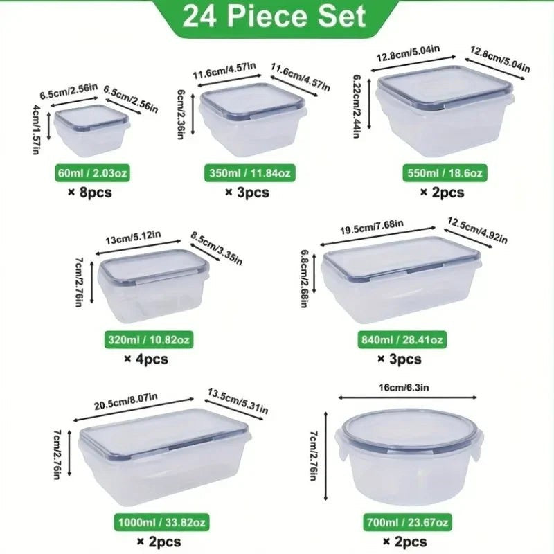 Essential Selects 24-piece food storage container set with leak-proof lids and various sizes for kitchen organization.