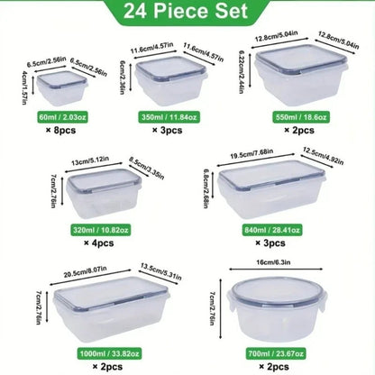 Essential Selects 24-piece food storage container set with leak-proof lids and various sizes for kitchen organization.