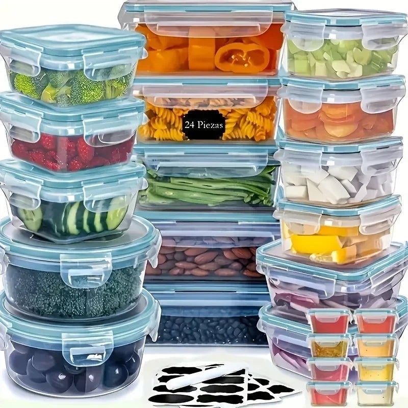 Essential Selects 48-piece food storage container set with leak-proof locking lids and various sizes for kitchen pantry