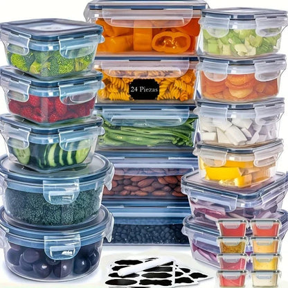 Essential Selects 48-piece food storage container set with leak-proof locking lids, stackable design, and chalk labels.